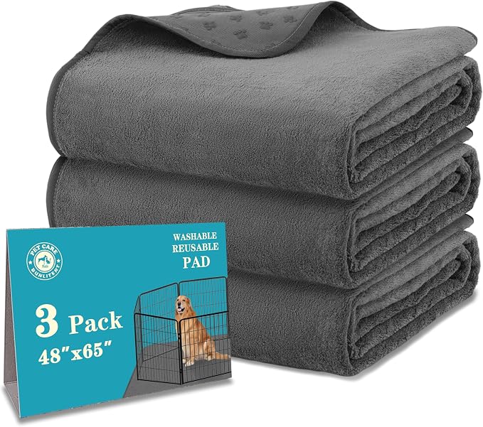 Bunlitent Washable Pee Pads for Dogs, 65'' x 48'', 3 Packs, Quick-Dry, Grey | Extra Large, Reusable, Fast Absorbent, Waterproof, Non-Slip, Whelping Pads, For Puppy, Senior Dog, Incontinence