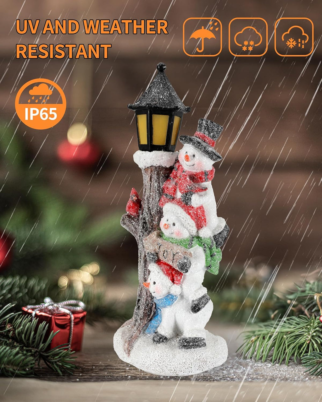 iStatue Lighted Stacked Snowman Tabletop Decor Figurine with Lamppost Lantern - 11.2'' Resin Cardinal Christmas Decorations Indoor - Unique Xmas Gift Idea (Joy Trio)