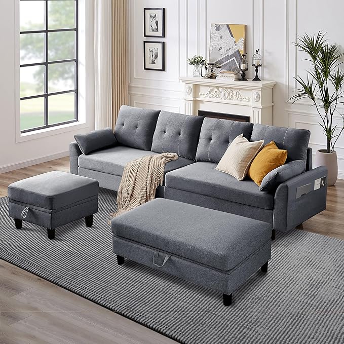 102" L-Shape Sofa Couch, Couch with Ottoman Coffee Table, 4 Seat Modern Sofa with Removable Cover for Apartment and Living Room, Light Grey
