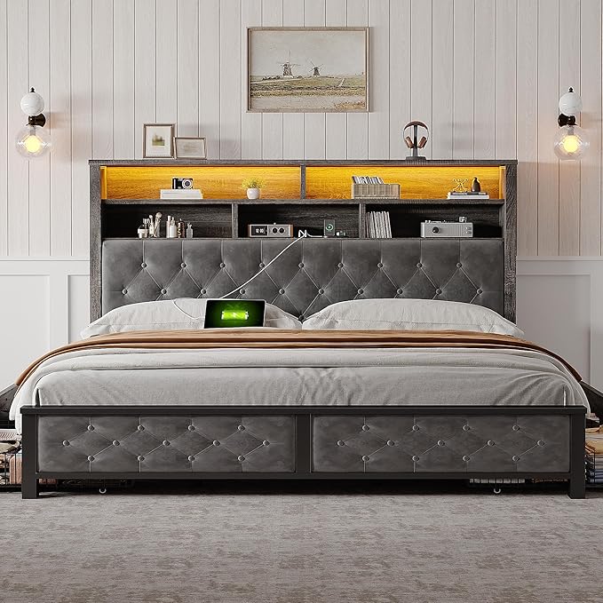 EnHomee King Size Bed Frame with 4 Drawers and Upholstered Storage Headboard,Wooden King Bed Frame with Charging Station and LED Lights,NO Noise,No Box Spring Needed,Gray