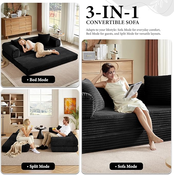 Boneless Couch Sofa Bed Sectional Couches for Living Room,Futon Cloud Couch with Sleeper Sofa,Sofas for Living Room Oversized Corduroy Upholstered (Black)