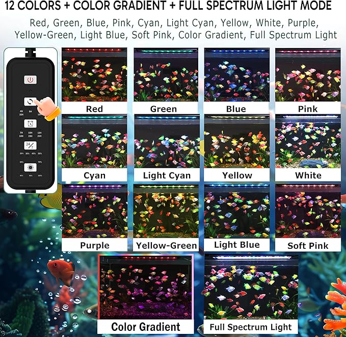 24/7 LED Aquarium Light for 36-46 Inch Plant & Fish Tank IP68, 12-Color & Gradient & Full Spectrum with Sunrise-Daylight-Moonlight, Auto On/Off, Brightness, Extendable Brackets for Freshwater