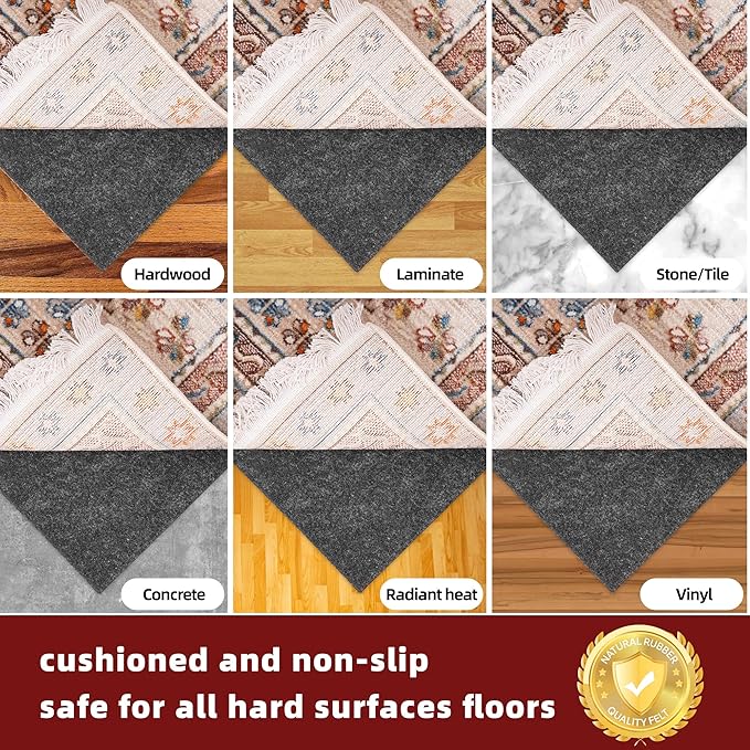 BAGAIL Felt and Natural Rubber Backing Rug Pads 1/4” Thick, 8 x 11 Ft Non Slip Rug Gripper Keep Rugs in Place, Under Area Rug Protective Cushioned Pads, Carpet Runners, Hardwood Floors Protection