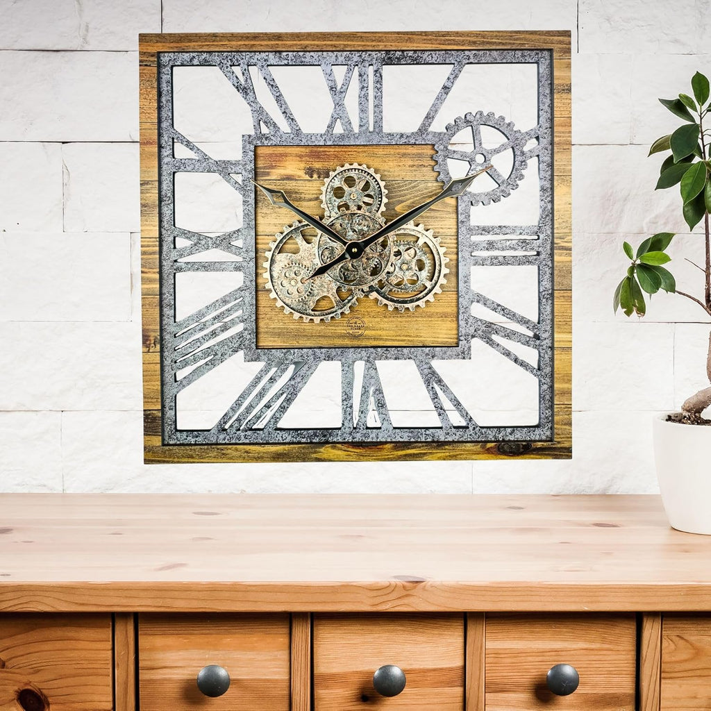 The Gears Clock 24'' Inch Square Real Moving Gear Wall Clock Vintage Industrial Oversized Rustic Farmhouse (Wood and Stone)