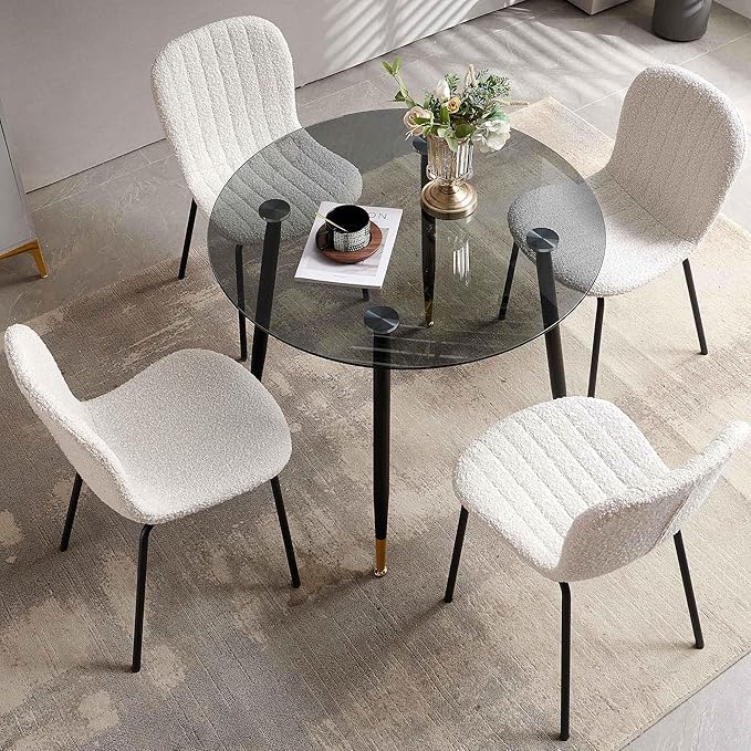 Modern Kitchen Table Set for 4, 5 PCS Grey Glass Round Dining Table Set, 35.43" Round Kitchen Table Transparent with 4 Upholstered Accent Chairs Comfortable Dining Chairs