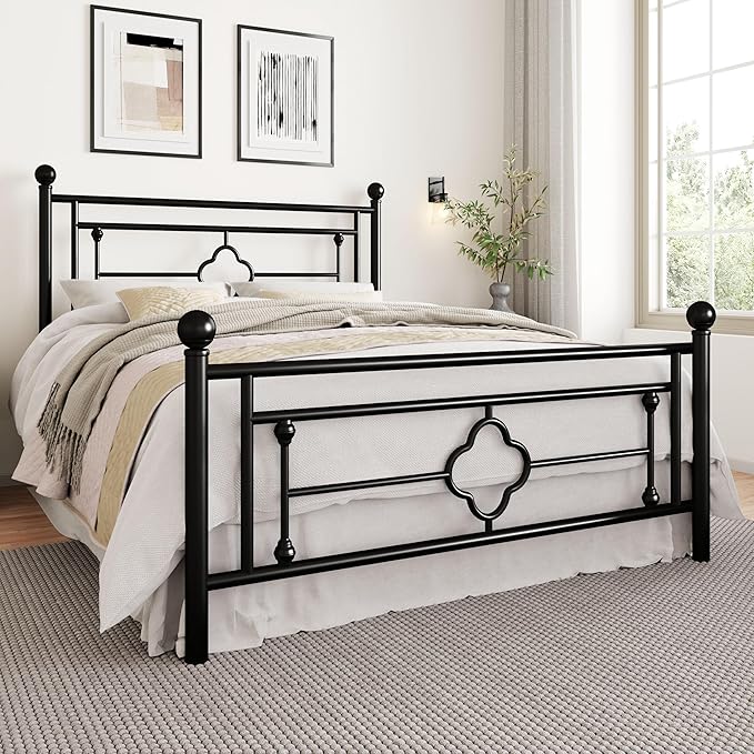 SHA CERLIN 14 Inches Full Size Metal Platform Bed Frame/Vintage Iron-Art Headboard and Footboard/Mattress Foundation for Storage/No Box Spring Needed/Noise-Free/Easy Assembly/Black