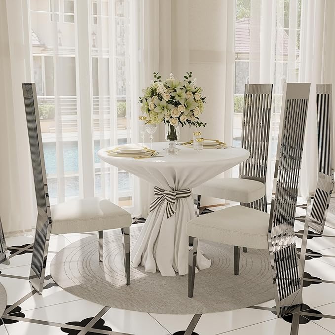 White and Silver Dining Chairs Set of 2, Upholstered High Back Dining Chairs with Mirrored Stainless Steel Backrest and Legs, Modern Luxury Dining Room Chair for Kitchen Living Room Restaurant