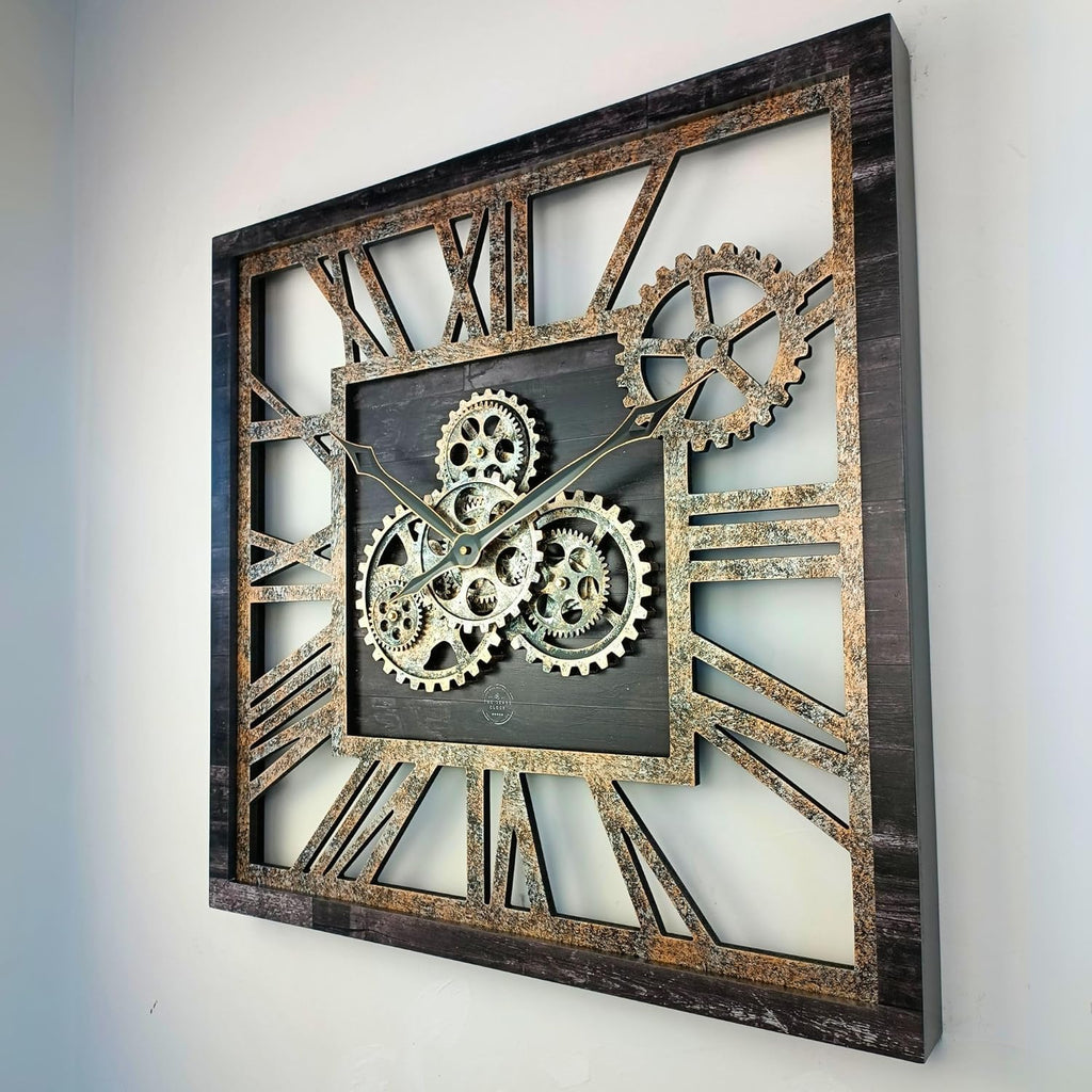 The Gears Clock 24'' Inch Square Real Moving Gear Wall Clock Vintage Industrial Oversized Rustic Farmhouse (Vintage Black)