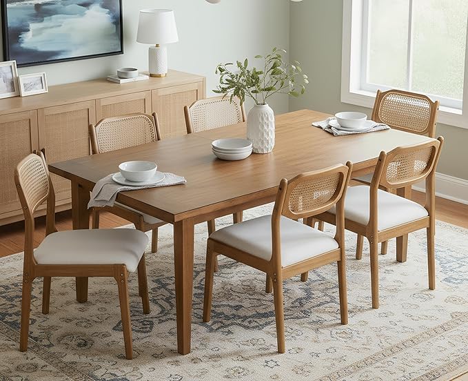 EALSON Farmhouse Rattan Dining Chairs Set of 6 Modern Mid Century Wood Dining Room Chairs with Cane Back Upholstered Linen Kitchen Side Chairs for Living Dining Room,Beige