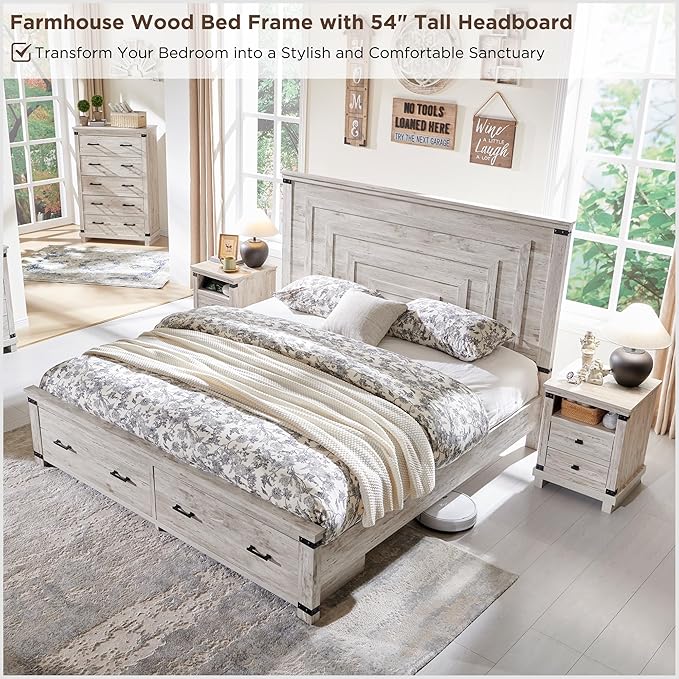 RedLemon Farmhouse Queen Size Bed Frame w/ 54" Tall Geometric Headboard, Rustic Wood Platform Bed w/ 2 Large Storage Drawers, Wood Slats Support, Noise Free, No Box Spring Needed, Antique Brush White