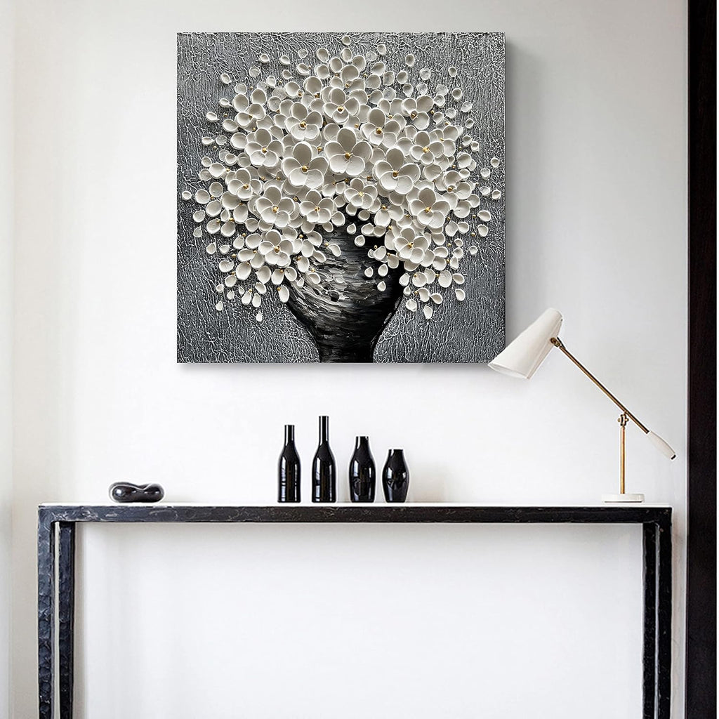 White Flower Oil Painting Modern Abstract Art Oil Painting Home Bedroom, Dining Room, Living Room, Office Wall Decoration (20x20 inches)