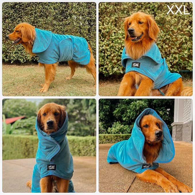 Tuff Pupper Fast Drying Dog Bath Robe | 800 GSM Plush Dog Towel Bathrobe/Dressing Gown | Super Absorbent Pet/Puppy Bathrobe | Adjustable Hood & Belly Strap | Super Soft | Fast Drying (XXL, Blue)