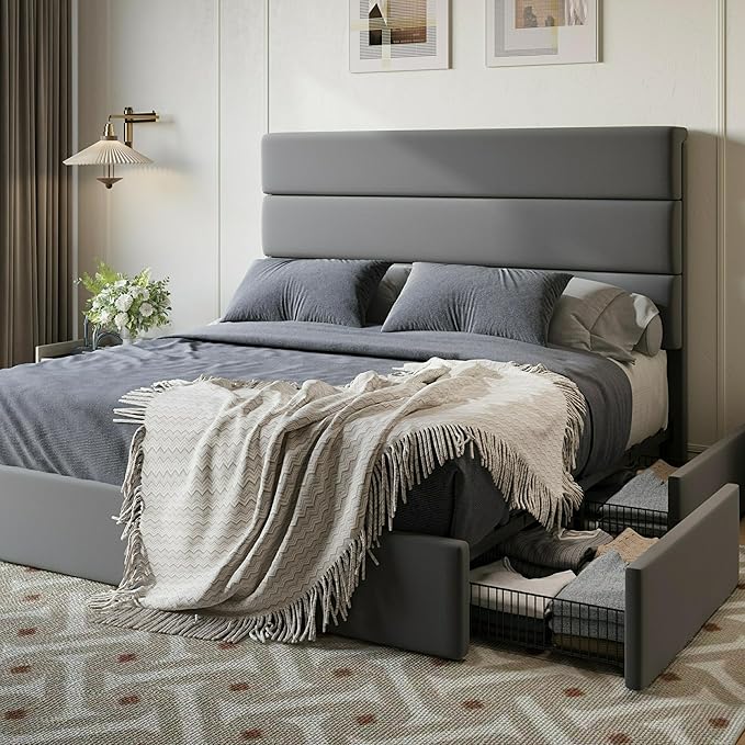 SHA CERLIN Queen Size Platform Bed Frame with 4 Storage Drawers, Velvet Upholstered Headboard, Mattress Foundation with Wooden Slats Support, No Box Spring Needed, Easy Assembly, Grey