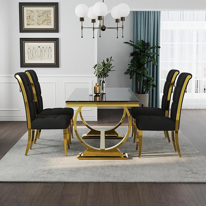Asday Black and Gold Dining Table, 72 inch Luxury Dining Room Table with Gold Stainless Steel Metal U-Base for 4-8