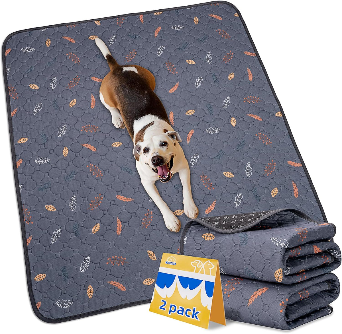 Sunheir Washable Pee Pads for Dogs Large 48" x 48" 2-Pack Reusable Puppy Pads Pet Training Pads, Absorb Dog Mats, Whelping Pad, Non-Slip Protects Against Urine Leakage (Leaves - Deep Grey, 48x48)
