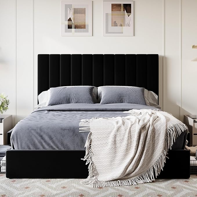 SHA CERLIN Queen Size Platform Bed Frame with 4 Storage Drawers, Vertical Channel Tufted Adjustable Headboard, Velvet Upholstered, Wooden Slats Support, No Box Spring Needed, Easy Assembly, Black