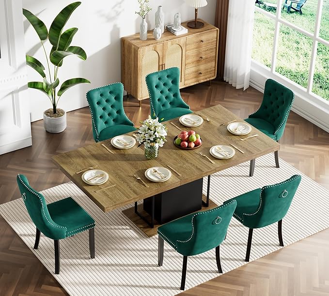 Goujxcy 78.7" Farmhouse Extendable Dining Room Table Set for 6, 7-Piece Rectangle Kitchen Dining Room Table Set with Wood Base and 6 Green Velvet Dining Chairs, Extending Kitchen & Dining Table Set