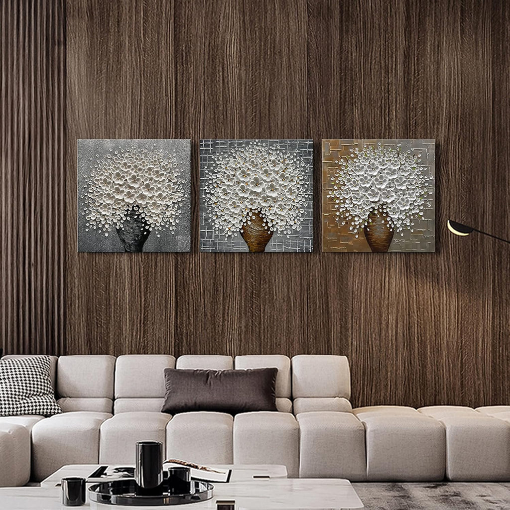 100% Hand-Painted White Flower Art Oil Painting, Modern Home Furnishing Canvas Painting Decoration, 3D Abstract Mural Painting,24x24 inch Frame Wall Art Hanging