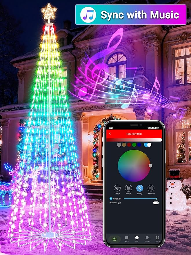 Flacchi 9.8FT Smart Christmas Tree Lights - Star Tree Topper with Removable Bracket, App Control, Sync with Music, Waterfall Colored Lights for Indoor Outdoor Xmas Decorations (9.8FT/ Rope Lights)