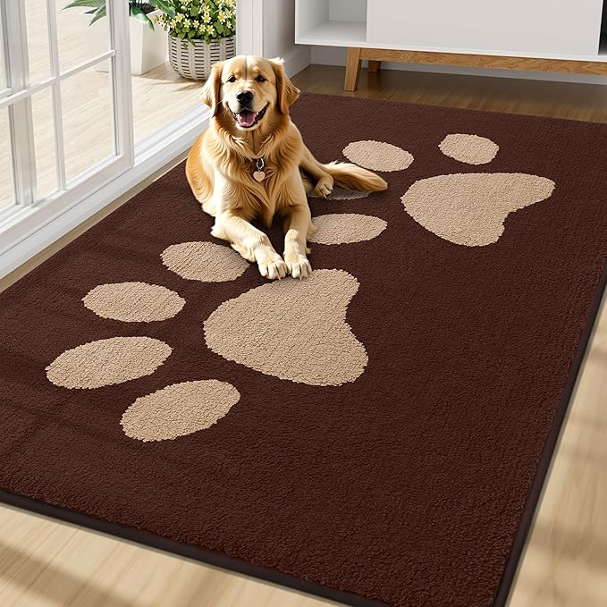Buganda Dog Door Mat for Muddy Paws, Absorbent Dirt Trapper Washable Indoor Doormats, Non Slip Low-Profile Mud Mat for Dogs, Front Entrance Doormat for Inside Floor (70x47 Inches, Brown)