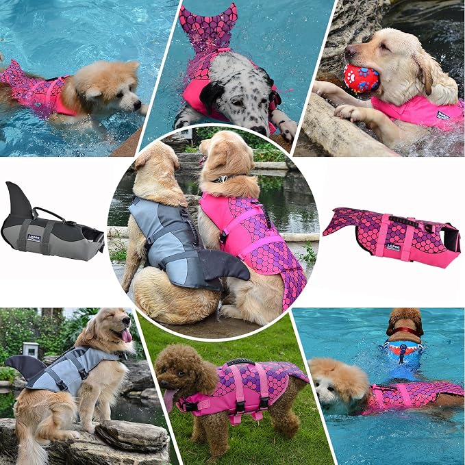 Dog Life Jacket Ripstop Shark Dog Safety Vest Adjustable Preserver with High Buoyancy and Durable Rescue Handle for Small,Medium,Large Dogs, Pink Fish Small