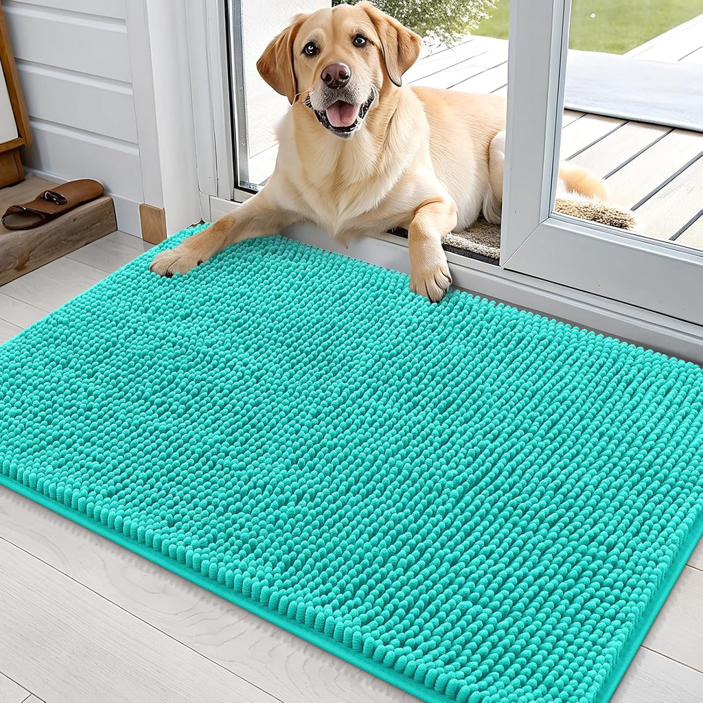 OLANLY Dog Door Mat for Muddy Paws 36x24, Absorbs Moisture and Dirt, Absorbent Non-Slip Washable Doormat, Quick Dry Chenille Mud Mat for Dogs, Entry Indoor Entryway Carpet for Inside Floor, Teal