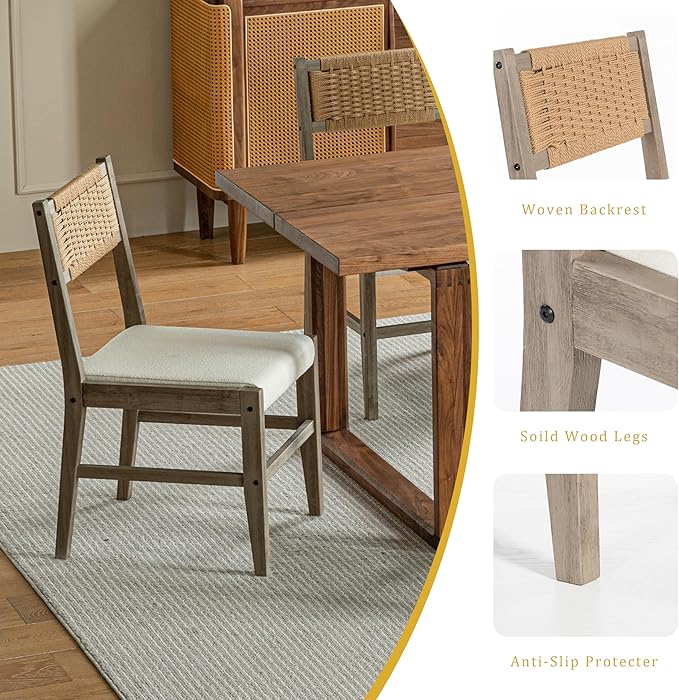 Chogori Wooden Dining Chairs, Modern Farmhouse Kitchen & Dining Room Accent Side Chairs with Woven Rope Back and Fabric Upholstered for Home, Living Room (Gray, Set of 4)