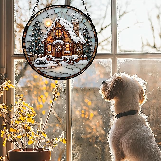Stained Glass Window Hanging - Christmas Tree Cottage Sun Catcher for Door Garden Home Winter Decor Snowy Night Suncatcher Mother's Day Birthday Gifts for Women Men Mom Nana 9.8 in