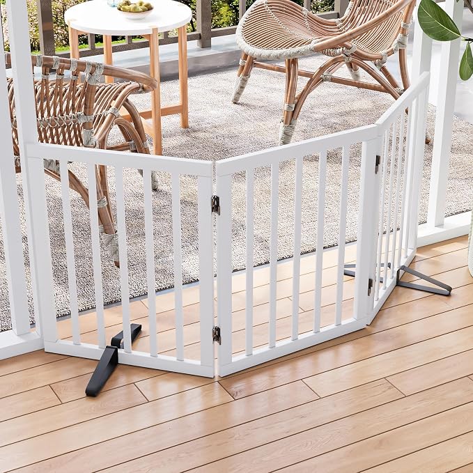Semiocthome Bamboo Freestanding Dog Gates for Doorways,3-Panel Indoor Puppy Gates for the House with 2 Metal Stands,24"H Folding Pet Gate for Stairs Expands Up to 55"W Fully Assembled Stair Gate White