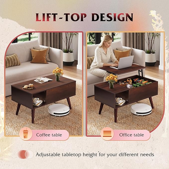 WLIVE Coffee Table for Living Room, Small Coffee Table with Storage, Lift Top Modern Wooden Dining Center Table with Storage Shelf & Hidden Compartment, 31.5" Espresso