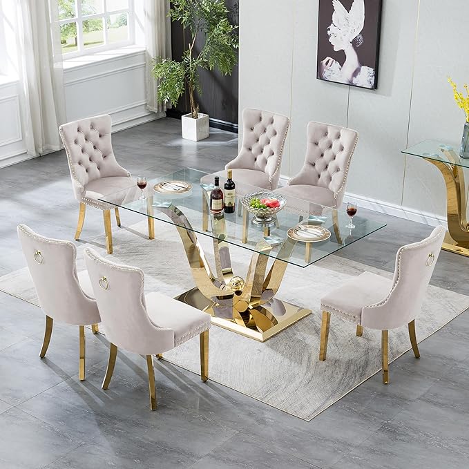 70" Modern Gold Glass Dining Table Set for 6, 7-Piece Rectangle Kitchen Dining Room Table Set with Steel Base & 6 Beige Velvet Upholstered Chairs, Modern Glass Kitchen Table and Chairs Set of 6