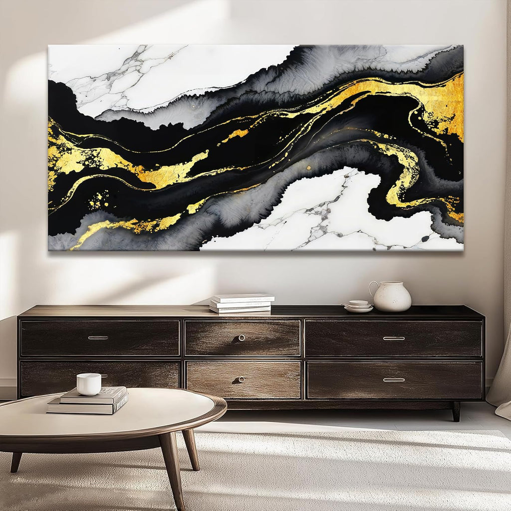 TAIJXAGSG Large Abstract Wall Art Canvas Art Wall Decor Marble Texture Black And Gold Wall Art Canvas Picture Painting Artwork For Bedroom Dinning Room Modern Home Wall Decor 29 x 58 In