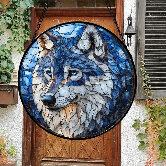 Stained Glass Window Hanging - Funny Wolf Suncatcher Ready to Hang Window Doors Home Decoration and Christmas, Mother's Day Birthday Gifts for Women, Men, and Mom 14.9x14.9 in