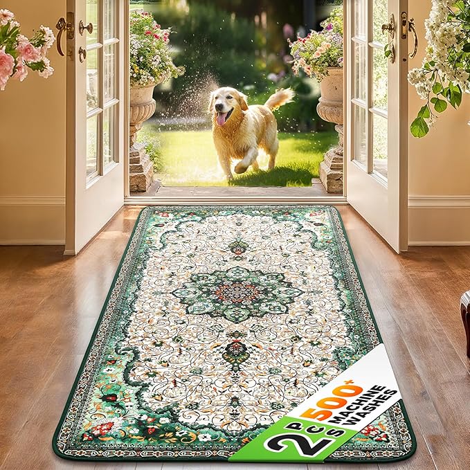 Hompet 2 Pack Super Absorbent Dog Door Mat for Muddy Paws, Washable Pee Pads for Dogs, Reusable Puppy Training Pads, Quick Dry Non-Slip Pet Entryway Rug, Leak-Proof Potty Pad for Indoor Floors 20x60