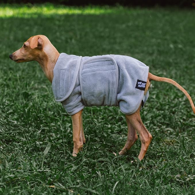 Tuff Pupper Fast Drying Dog Bath Robe | 800 GSM Plush Dog Towel Bathrobe/Dressing Gown | Super Absorbent Pet/Puppy Bathrobe | Adjustable Hood & Belly Strap | Super Soft | Fast Drying (XS, Gray)