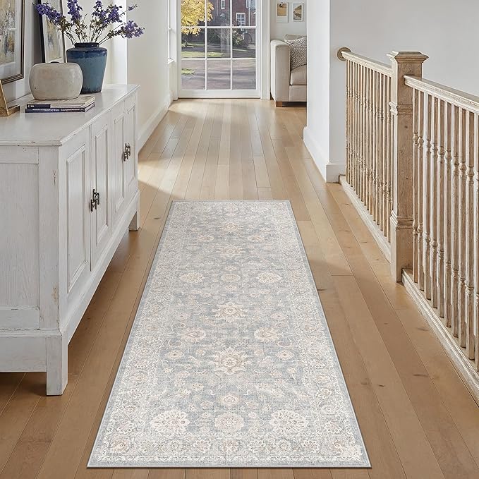 2x6 Blue Cream Washable Runner Rug for Kitchen Hallway Neutral Floral Soft Non Slip Rug Low Pile Distressed Carpet for Bathroom Bedroom Indoor Nursery