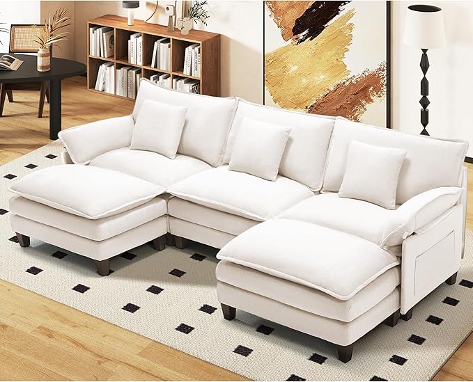 Modular Sectional Sofa, Comfy Cloud Couch with Movable Ottoman, Deep Seat Couches for Living Room, Bedroom and Apartment, 106" U Shaped Modern Sofa with Pillows, Beige