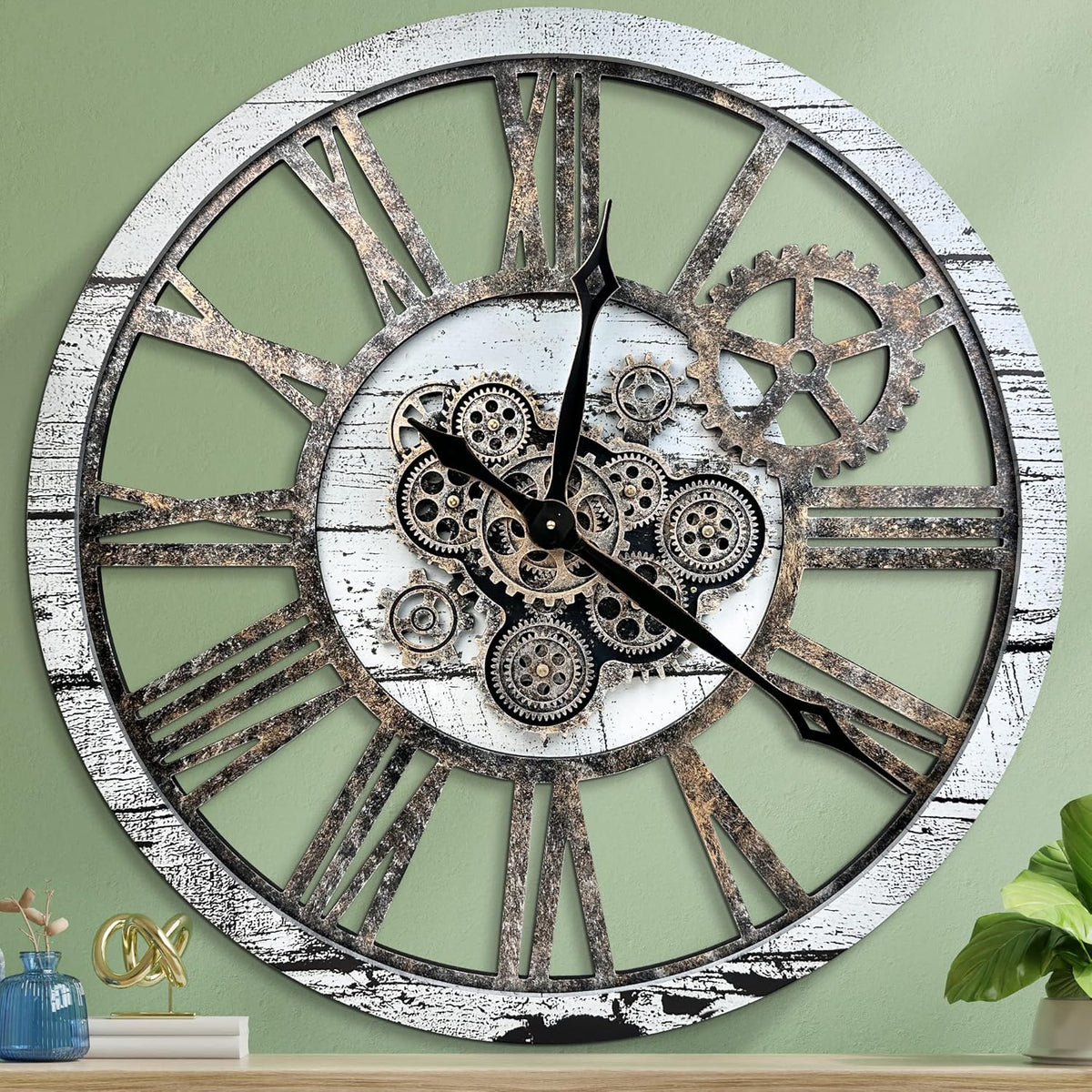 HOIBAI Large Wall Clock Clocks for Living Room Decor Oversized 30 Inch Wall Decor Farmhouse Vintage Rustic Industrial Roman Big Chic Home Decor Wall Clock for House Bedroom, Moving Gears Clock