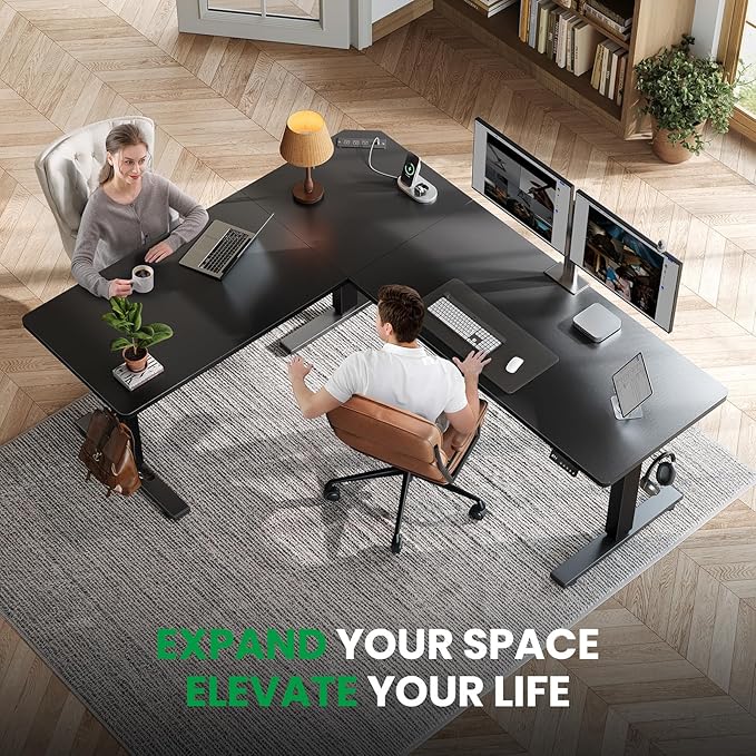SIAGO L-Shaped Standing Desk - 63 x 55 Inch Adjustable Corner Standing Desk with Charging Station - L Shape Sit Stand Table with Memory Controller, Splice Board for Home Office