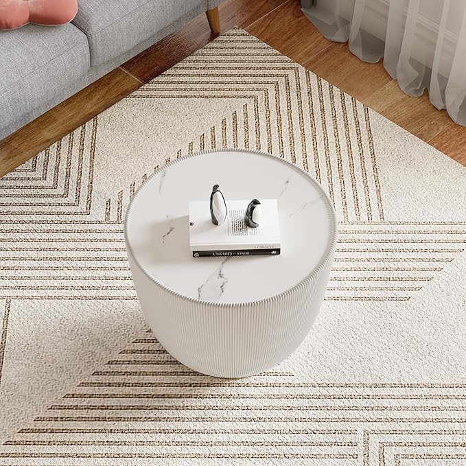 White Round Coffee Table with Sintered Stone Tabletop, 19.69 Drum Coffee Table with Fluted PU Leather Covered and Metal Base, Circle Cocktail Tea Table for Living Room