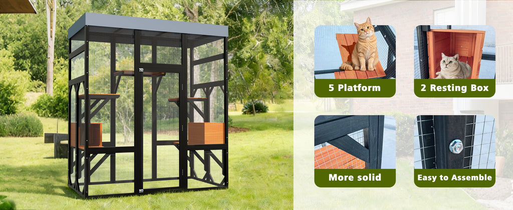 62.6" Black Wooden Catio for Cats, Large Cat Enclosure with Waterproof cover, 2 Napping House, Platforms & Galvanized Metal Wire – Secure Pet Cage Shelter