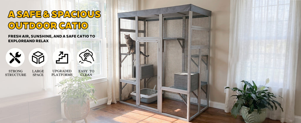 Gray Wooden Catio Pet Enclosure with Waterproof Top, Spacious and Secure Cat House & Small Animal Cage,2 Napping Boxes