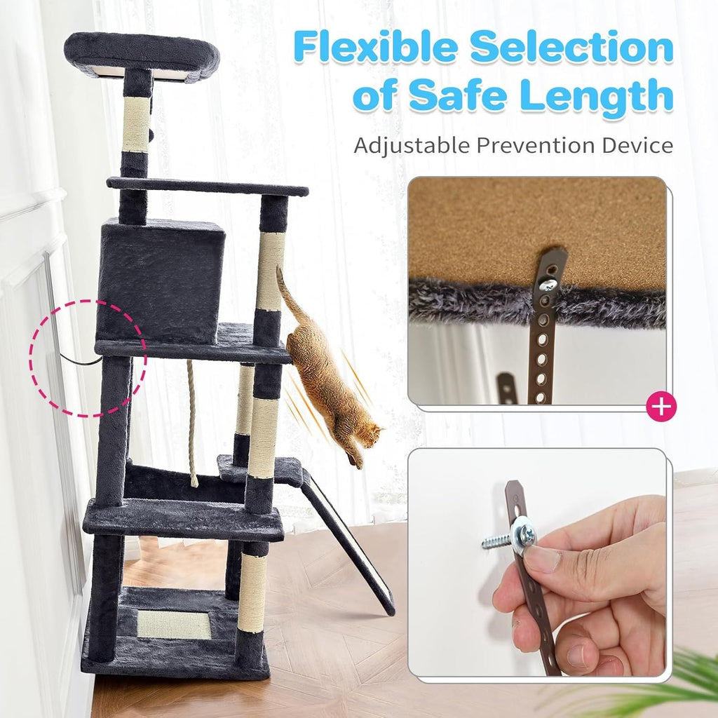 ABCPET 63-inch Multi-level Cat Climbing Frame, Indoor Cat Sisal Scratch Post, Cat Bed, Hammock, Hanging Ball, Extension Platform,Self-pickup Only