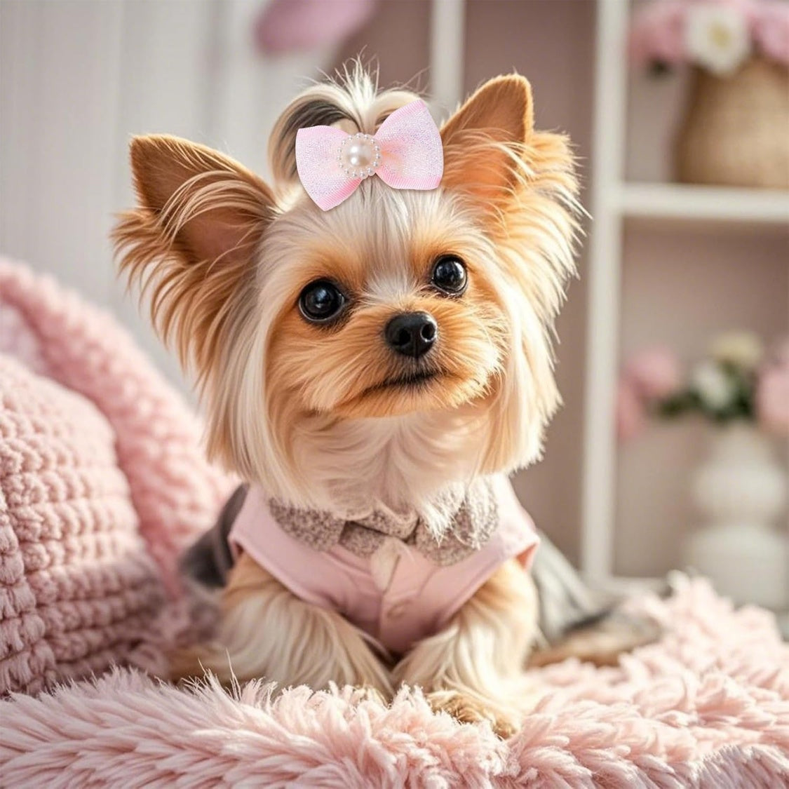 20 PCS Cute Dog Hair Bows With Rubber Bands Elastic Handmade Mix Style Lace Rhinestone Pearls For Furry Puppy Cat Pet Girl