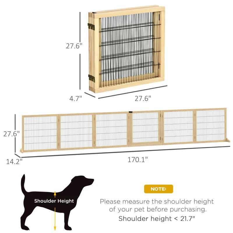 PawHut Wooden Pet Gate, 6-Panel Folding Dog Safety Barrier With Support Feet For Small & Medium Dogs, Natural Wood