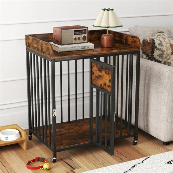 2-in-1 Dog Crate Furniture With Thickened Metal Tubes, Lockable Wheels Pet Kennel For Small Dogs
