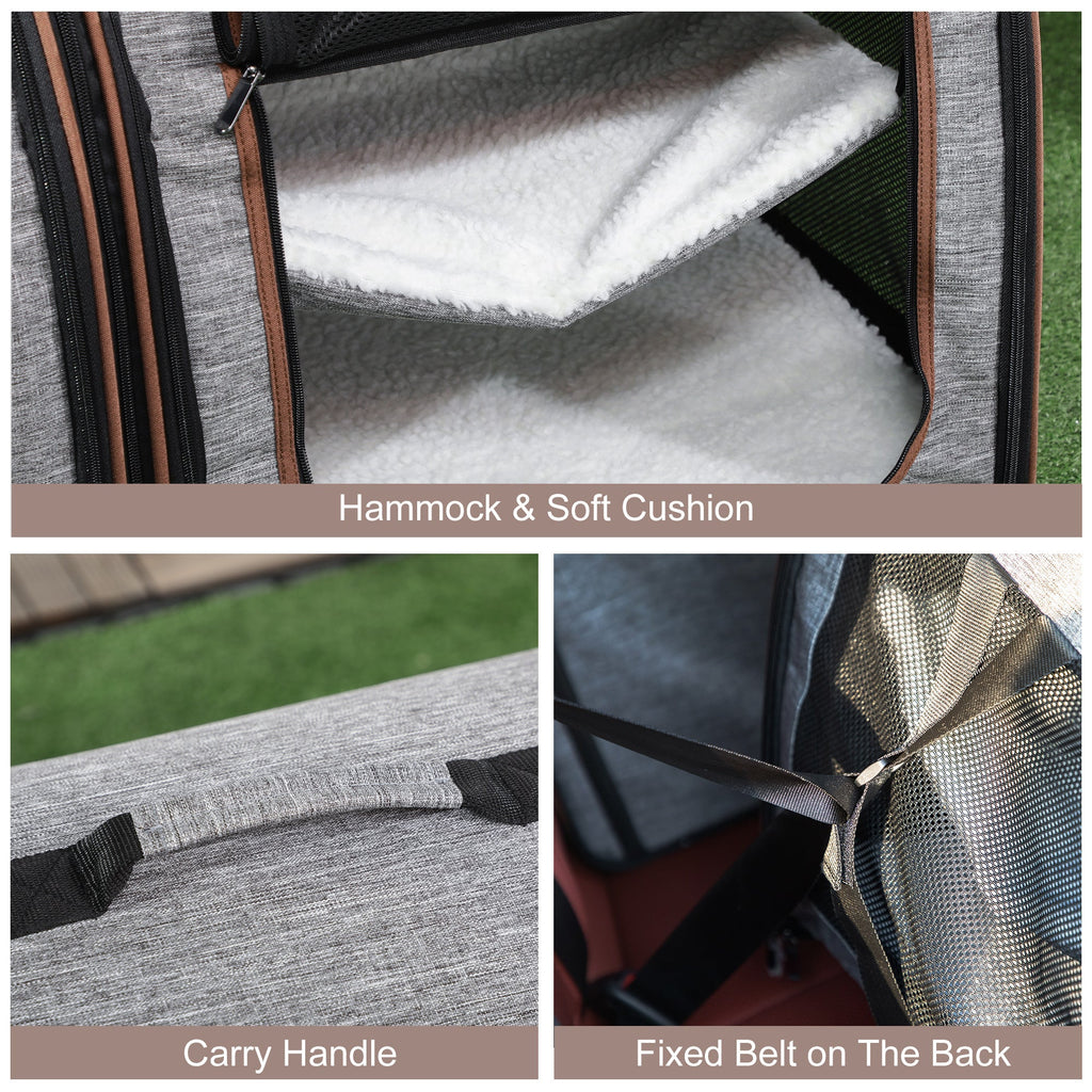 39" Portable Soft-Sided Cat Carrier, Cat Kennel, Travel Dog Crate with Divider, Two Compartments, Soft Cushions & Storage Bag, Easy to Fold, Light Gray