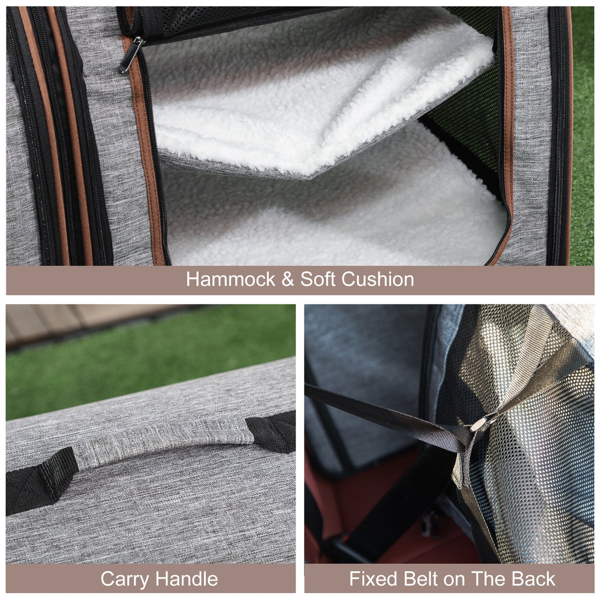39" Portable Soft-Sided Cat Carrier, Cat Kennel, Travel Dog Crate with Divider, Two Compartments, Soft Cushions & Storage Bag, Easy to Fold, Light Gray