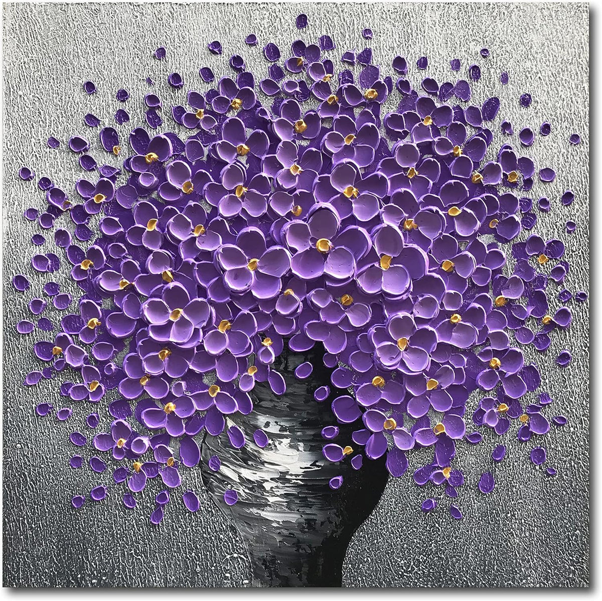 24x24 Hand-Painted Purple Flowers 3D Abstract Decorative Paintings, Wall Decorative Frame Wall Art, Modern Art Living Room Bedroom Office Hotel and Restaurant Wall Art