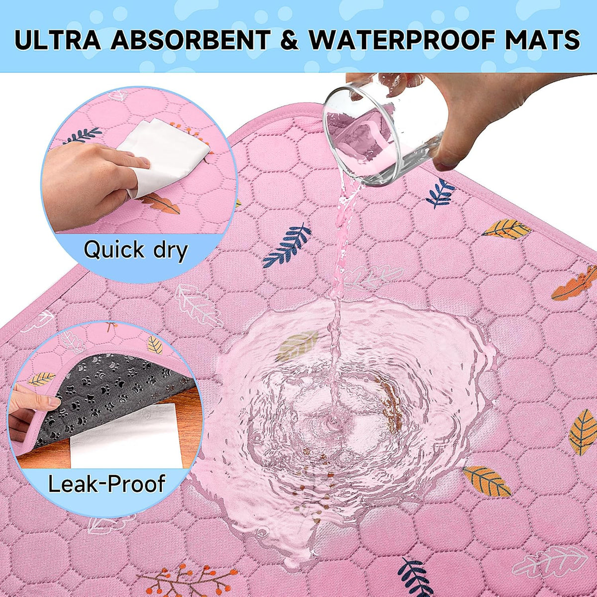 Sunheir Washable Pee Pads for Dogs 2-Pack Reusable Puppy Pads Pet Training Pads, Waterproof Dog Pee Pads for Crate, Whelping Pad, Non-Slip Protects Against Urine Leakage (Leaves - Pink, 18x24)